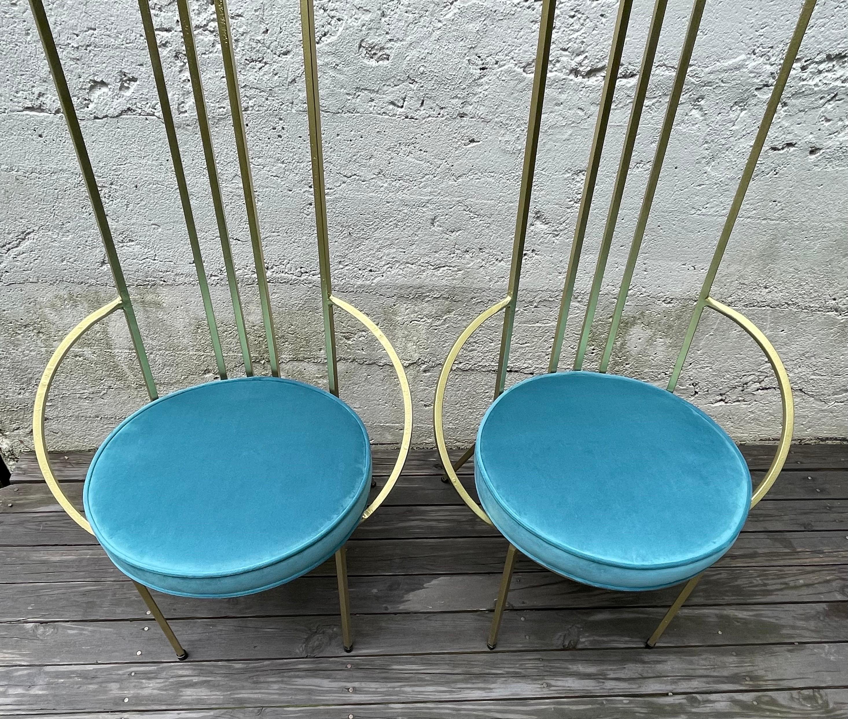 Painted Pair of Hollywood Regency Gold Leaf Iron Side Chairs, Round Blue Velvet Seats For Sale