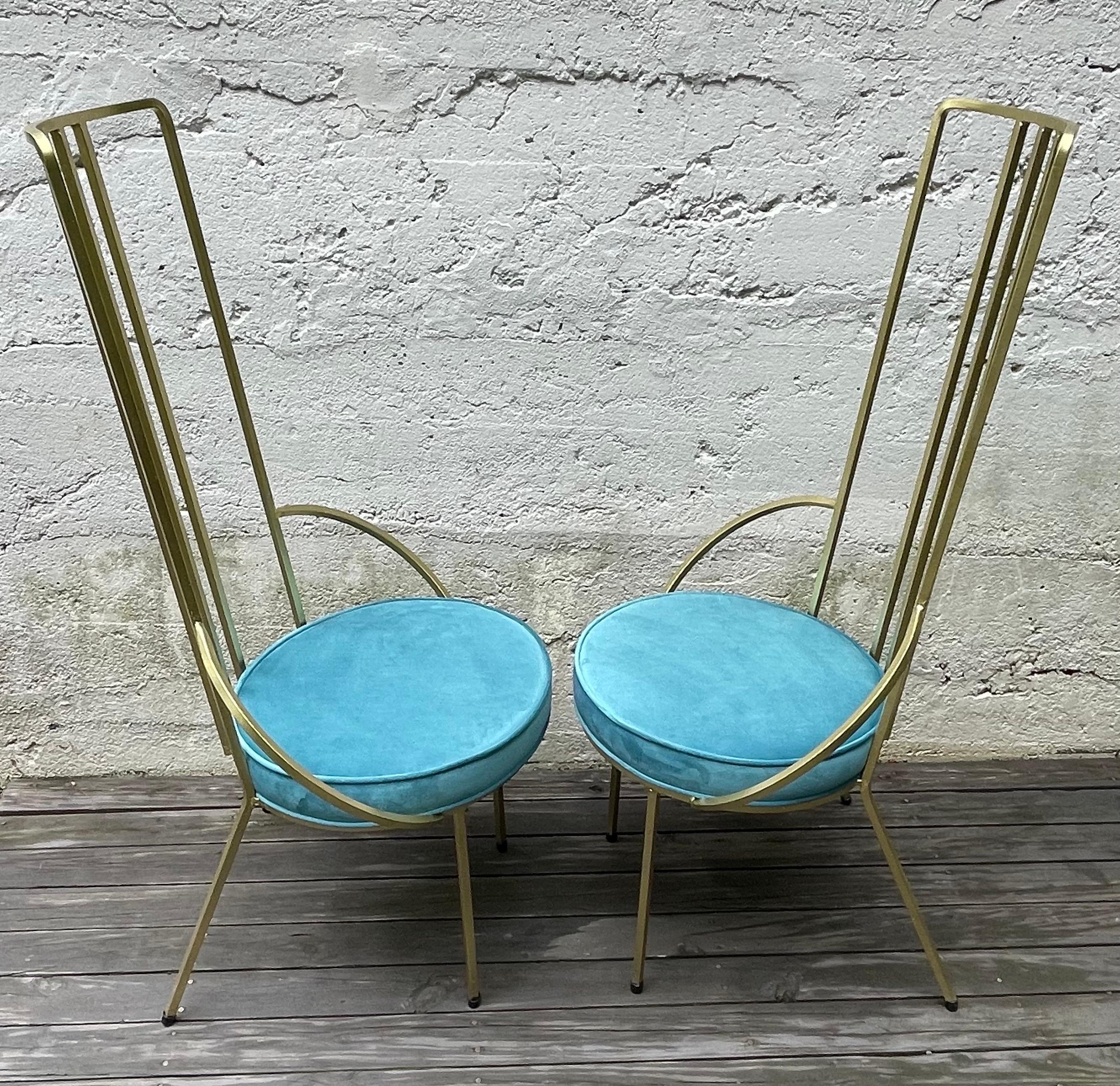 Pair of Hollywood Regency Gold Leaf Iron Side Chairs, Round Blue Velvet Seats In Good Condition For Sale In Bedford Hills, NY