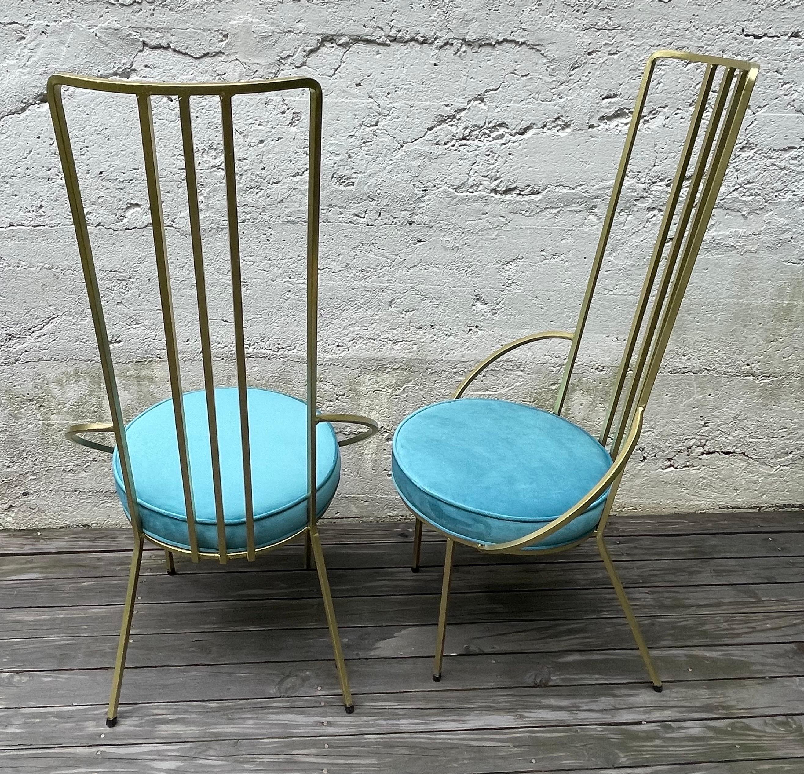 Mid-20th Century Pair of Hollywood Regency Gold Leaf Iron Side Chairs, Round Blue Velvet Seats For Sale
