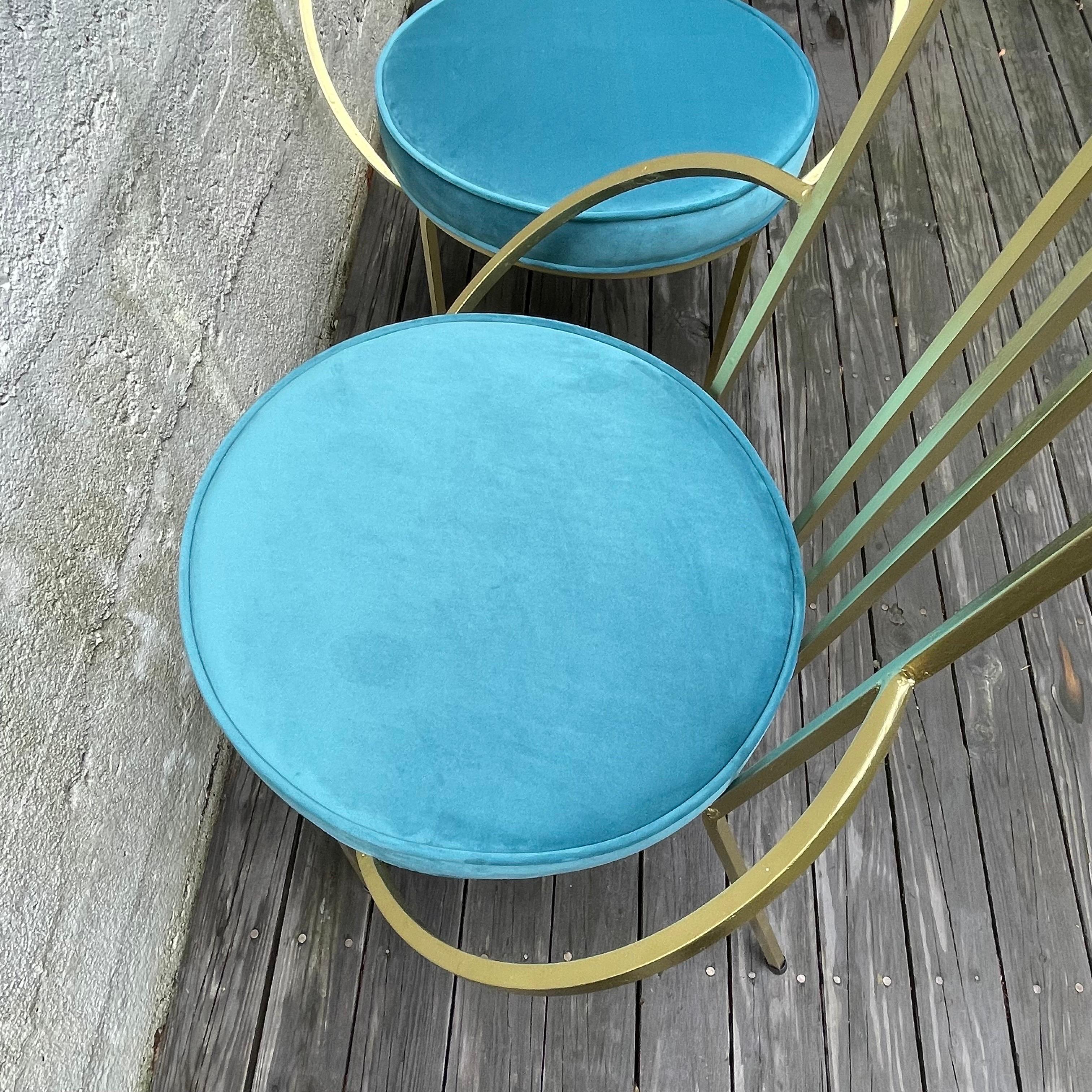 Pair of Hollywood Regency Gold Leaf Iron Side Chairs, Round Blue Velvet Seats For Sale 2
