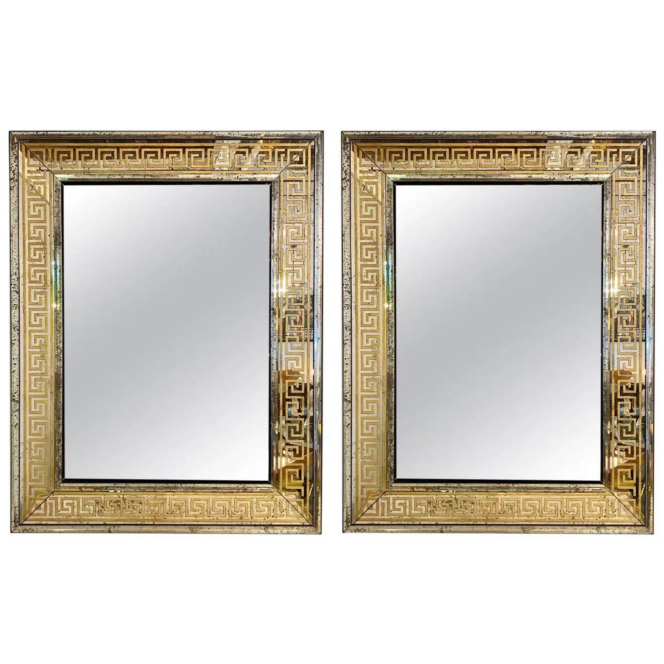 Pair of Hollywood Regency Greek Key Eglomise Wall Mirrors, Console, Pier, Mirror