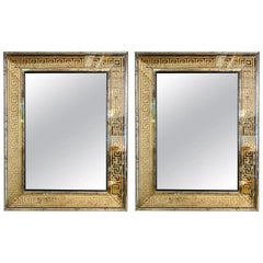 Pair of Hollywood Regency Greek Key Eglomise Wall Mirrors, Console, Pier, Mirror