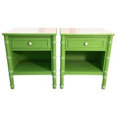 Used Pair of Hollywood Regency Green Bamboo Nightstands