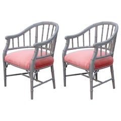 Vintage Pair of Hollywood Regency Grey and Coral Velvet Faux Bamboo Barrel Back Chair