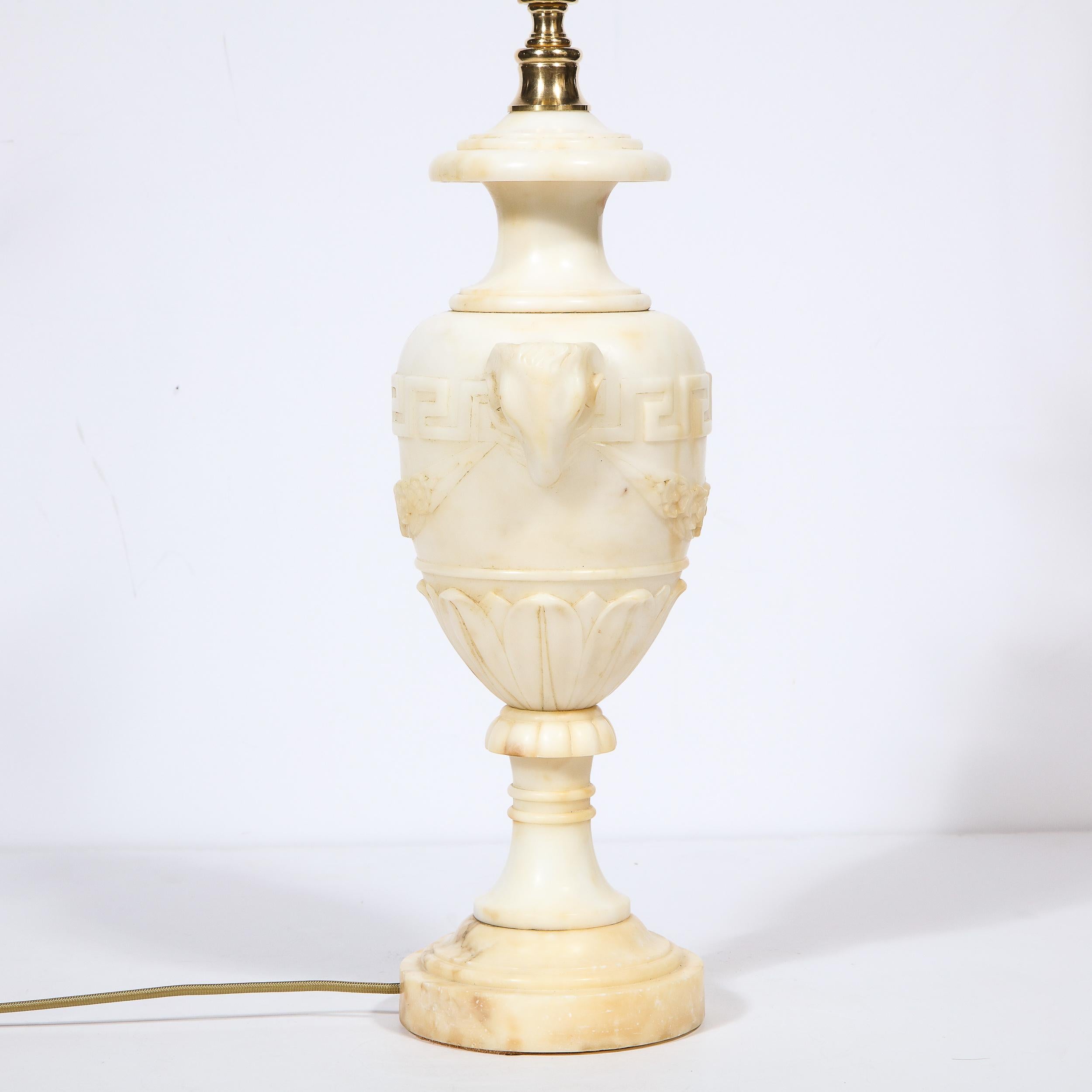 Pair of Hollywood Regency Handcarved Alabaster Lamps w/ Neoclassical Detailing For Sale 6