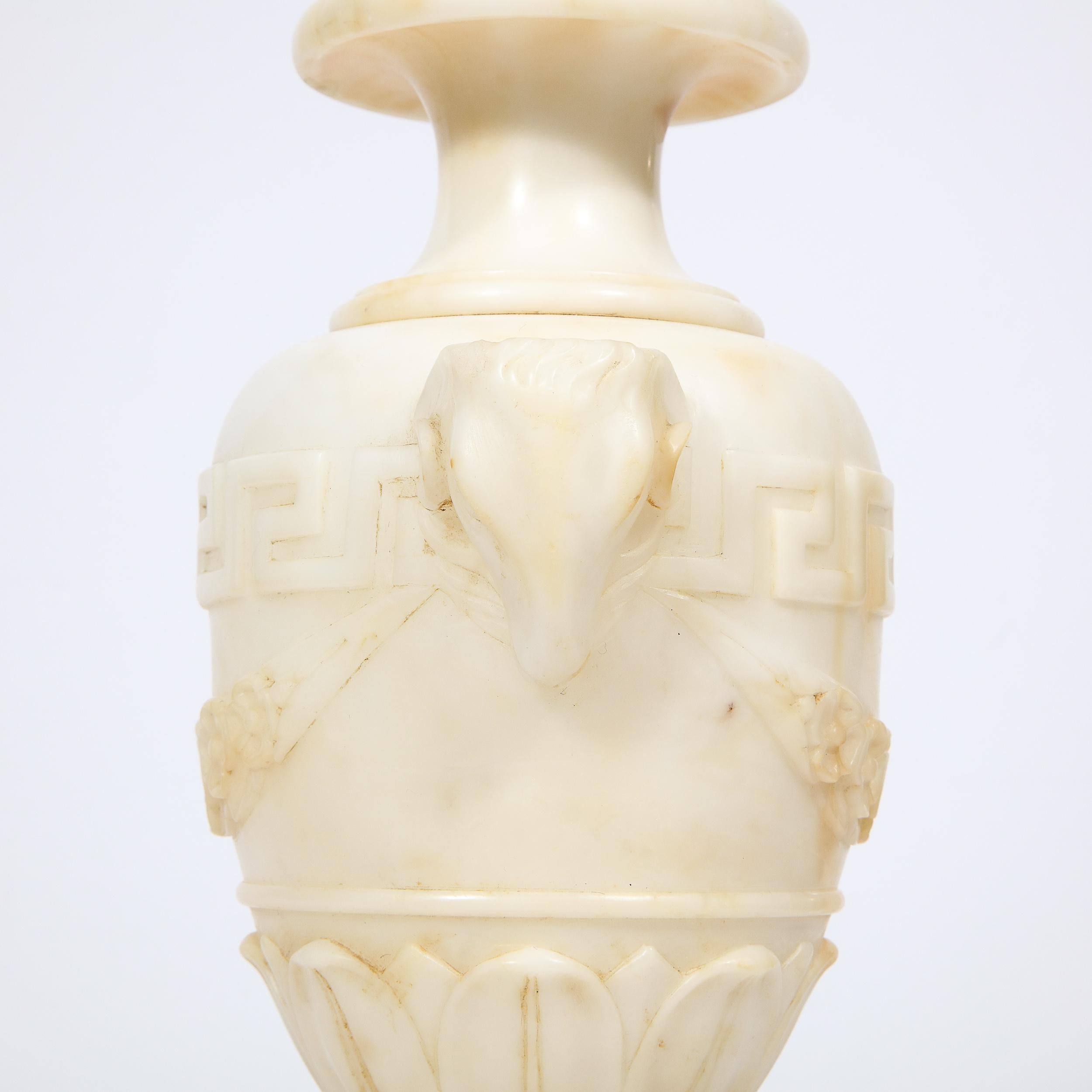 Pair of Hollywood Regency Handcarved Alabaster Lamps w/ Neoclassical Detailing For Sale 7