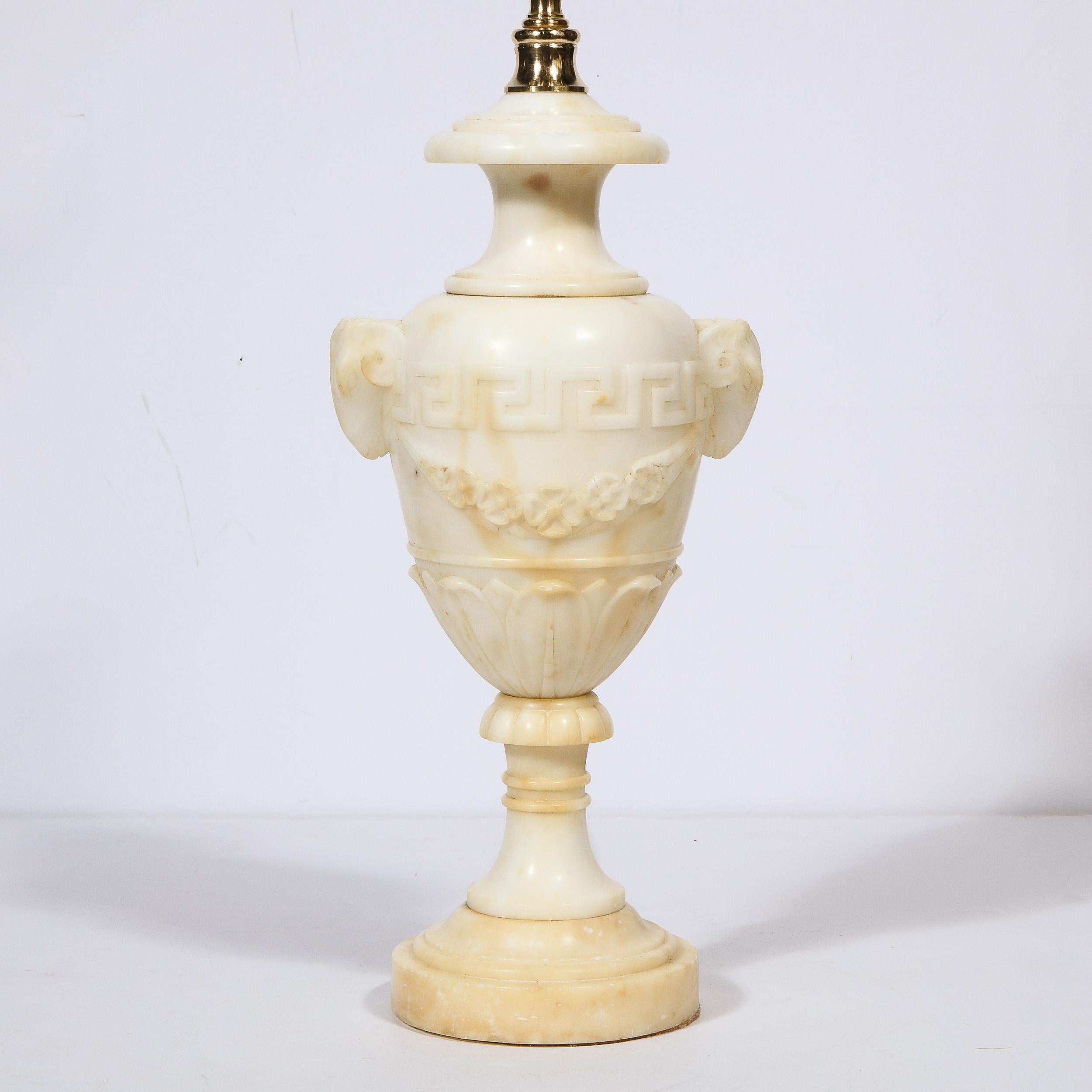 Mid-20th Century Pair of Hollywood Regency Handcarved Alabaster Lamps w/ Neoclassical Detailing For Sale