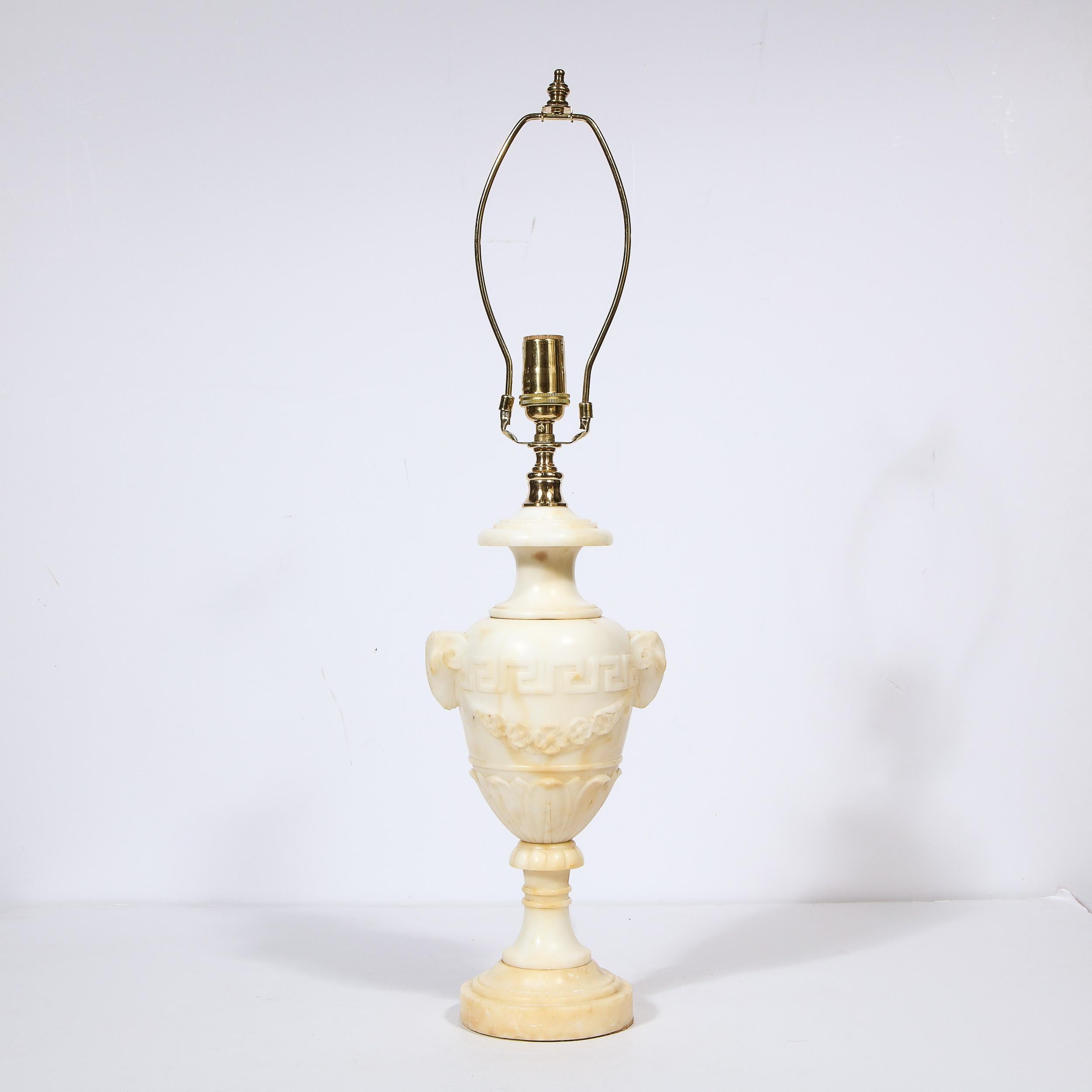 Pair of Hollywood Regency Handcarved Alabaster Lamps w/ Neoclassical Detailing For Sale 1