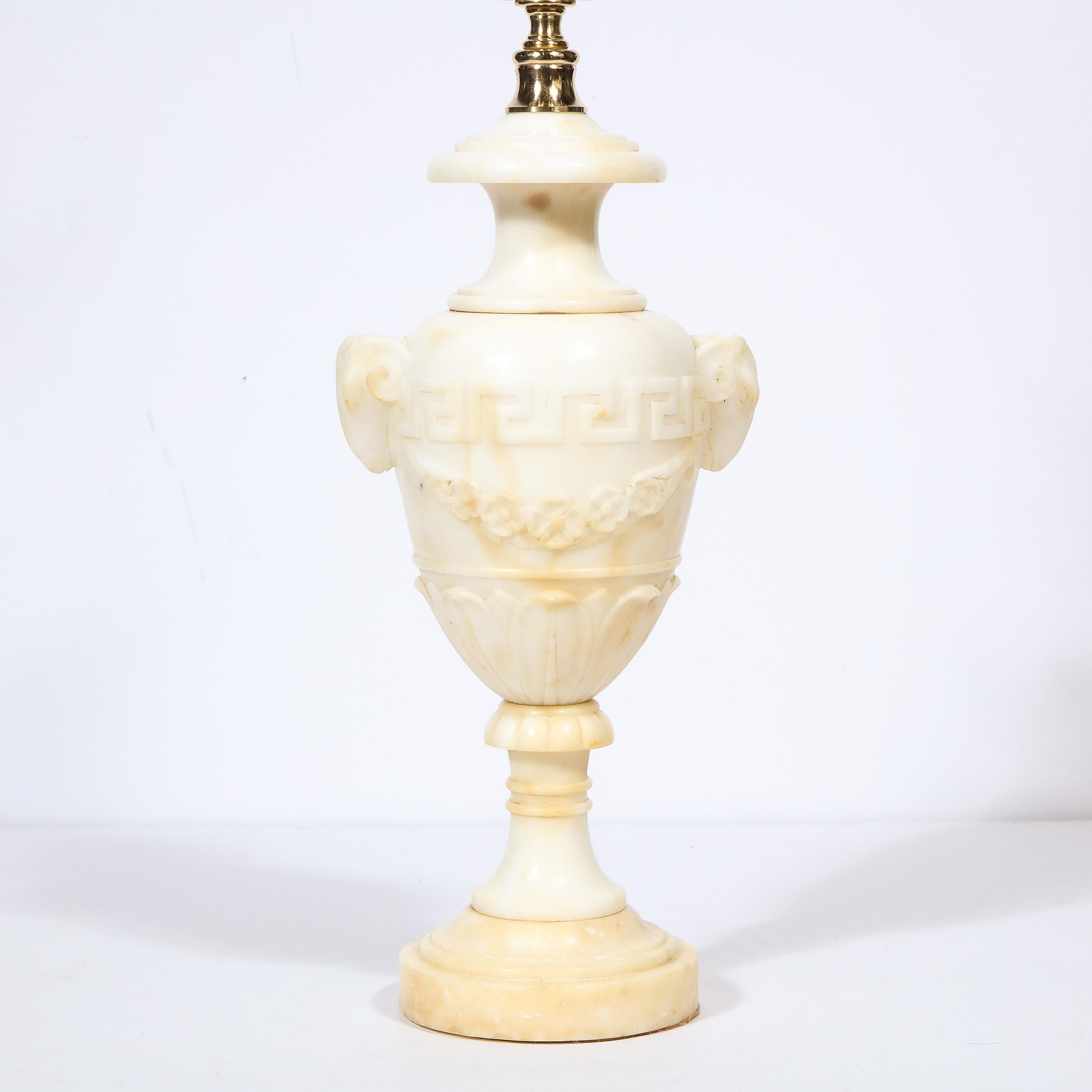 Pair of Hollywood Regency Handcarved Alabaster Lamps w/ Neoclassical Detailing For Sale 2