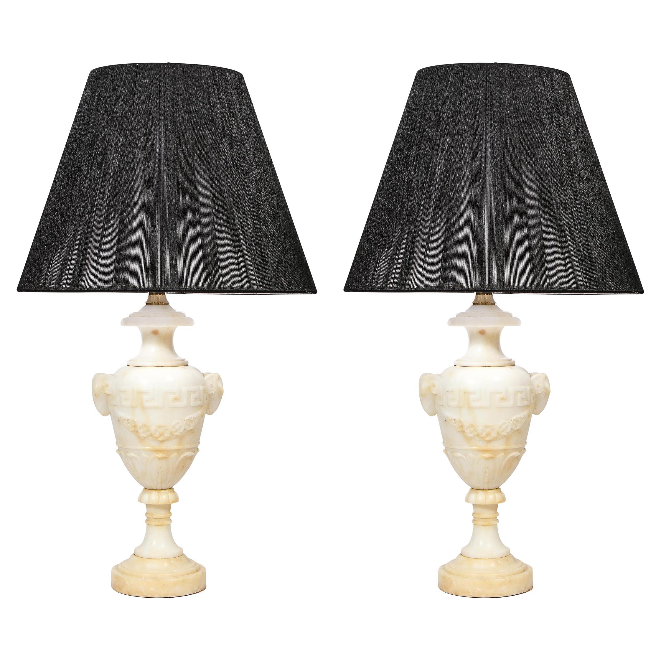 Pair of Hollywood Regency Handcarved Alabaster Lamps w/ Neoclassical Detailing