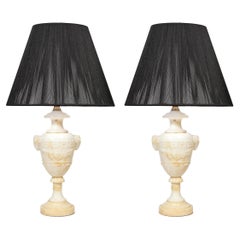 Pair of Hollywood Regency Handcarved Alabaster Lamps w/ Neoclassical Detailing