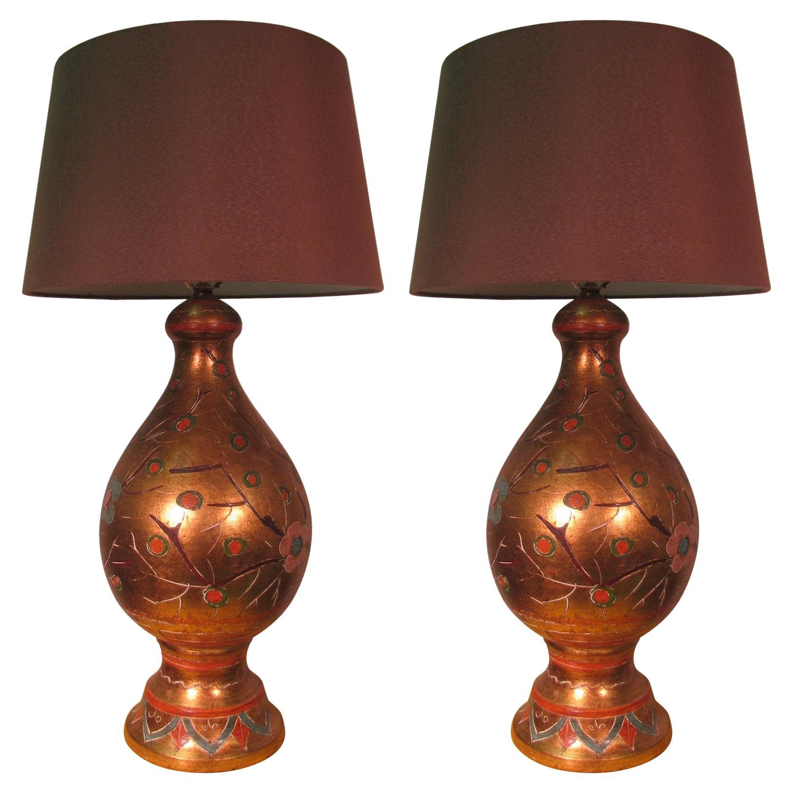 Paire de Lampes de Table Italiennes en Terre Cuite avec Dorures, Fabriquées à la Main, de Style Hollywood Regence en vente