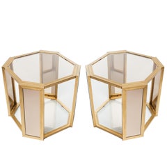 Pair of Hollywood Regency Hexagon End Tables in Brass and Smoked Glass