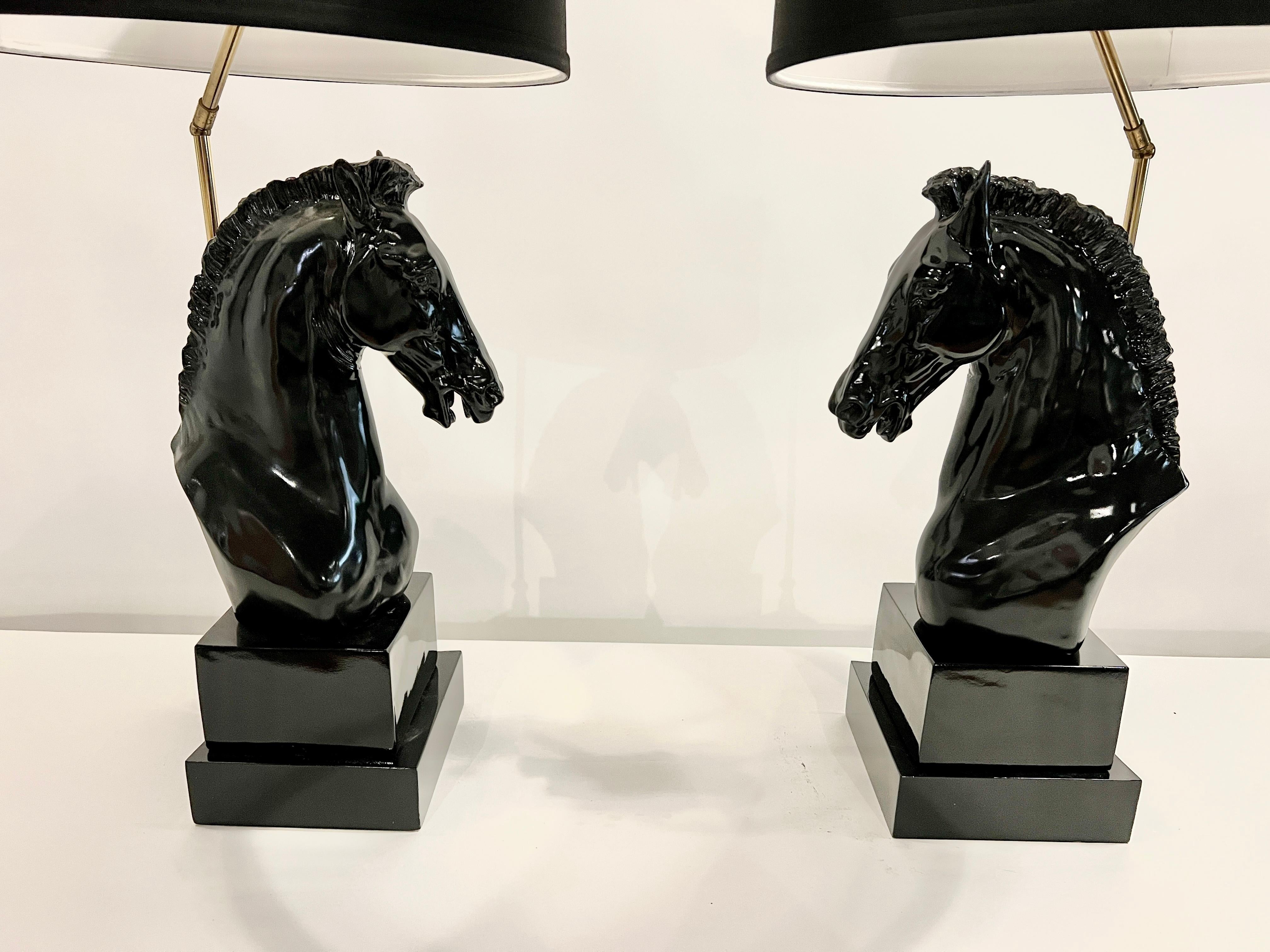 Lacquered Pair of Hollywood Regency Horse Head Lamps For Sale