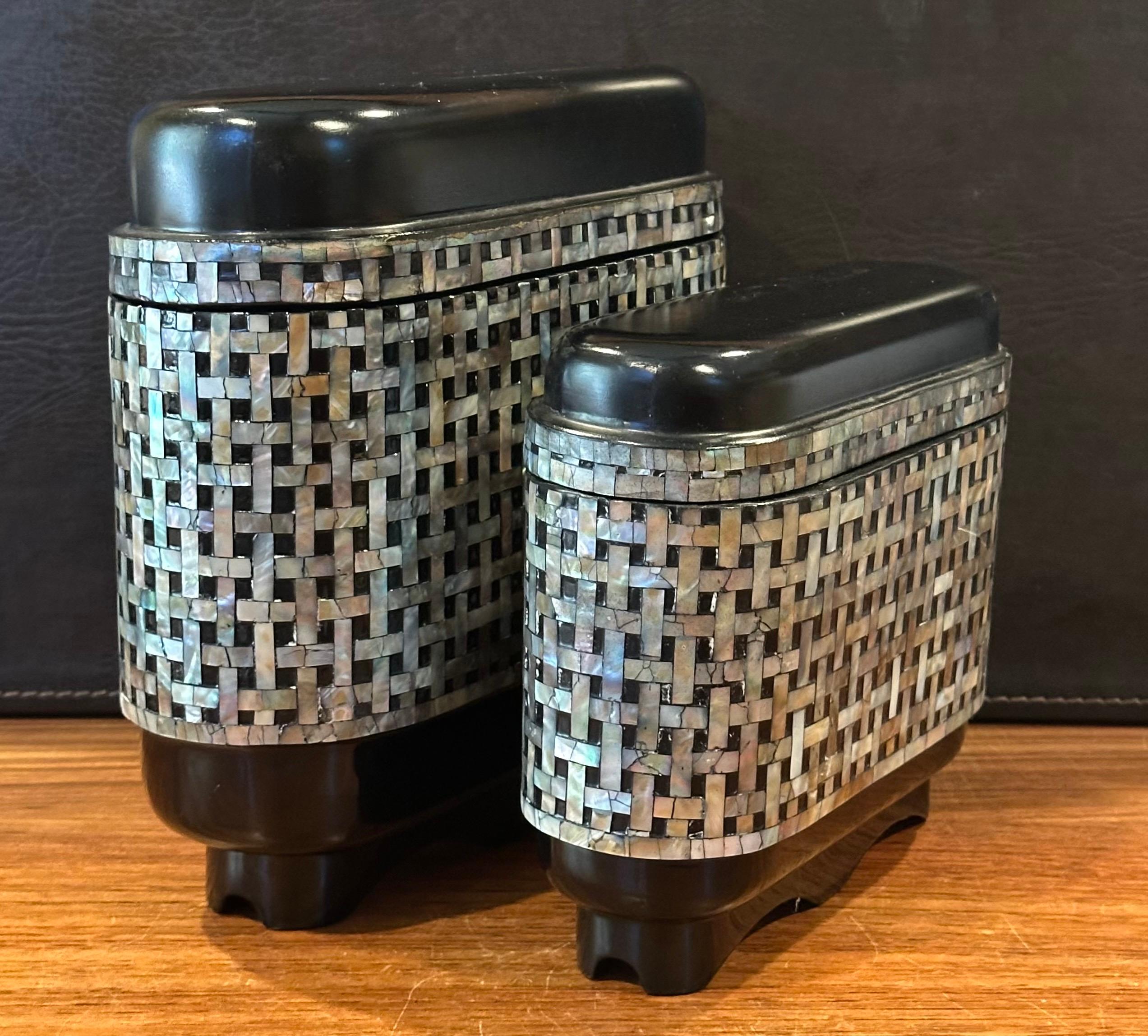 Brass Pair of Hollywood Regency Inlaid MOP Boxes by Maitland Smith For Sale