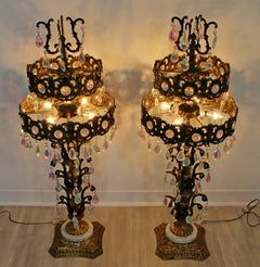 Pair of Hollywood Regency Italian Iridescent Prism Tiered Metal Table Lamps