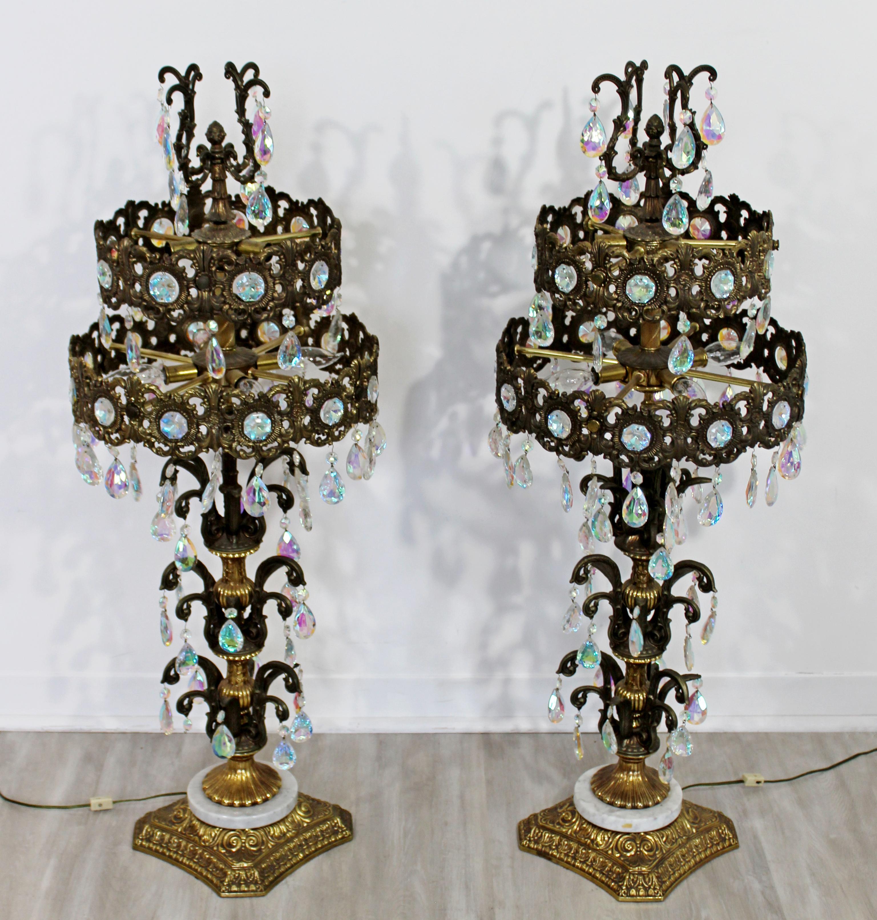 Pair of Hollywood Regency Italian Iridescent Prism Tiered Metal Table Lamps In Good Condition In Keego Harbor, MI