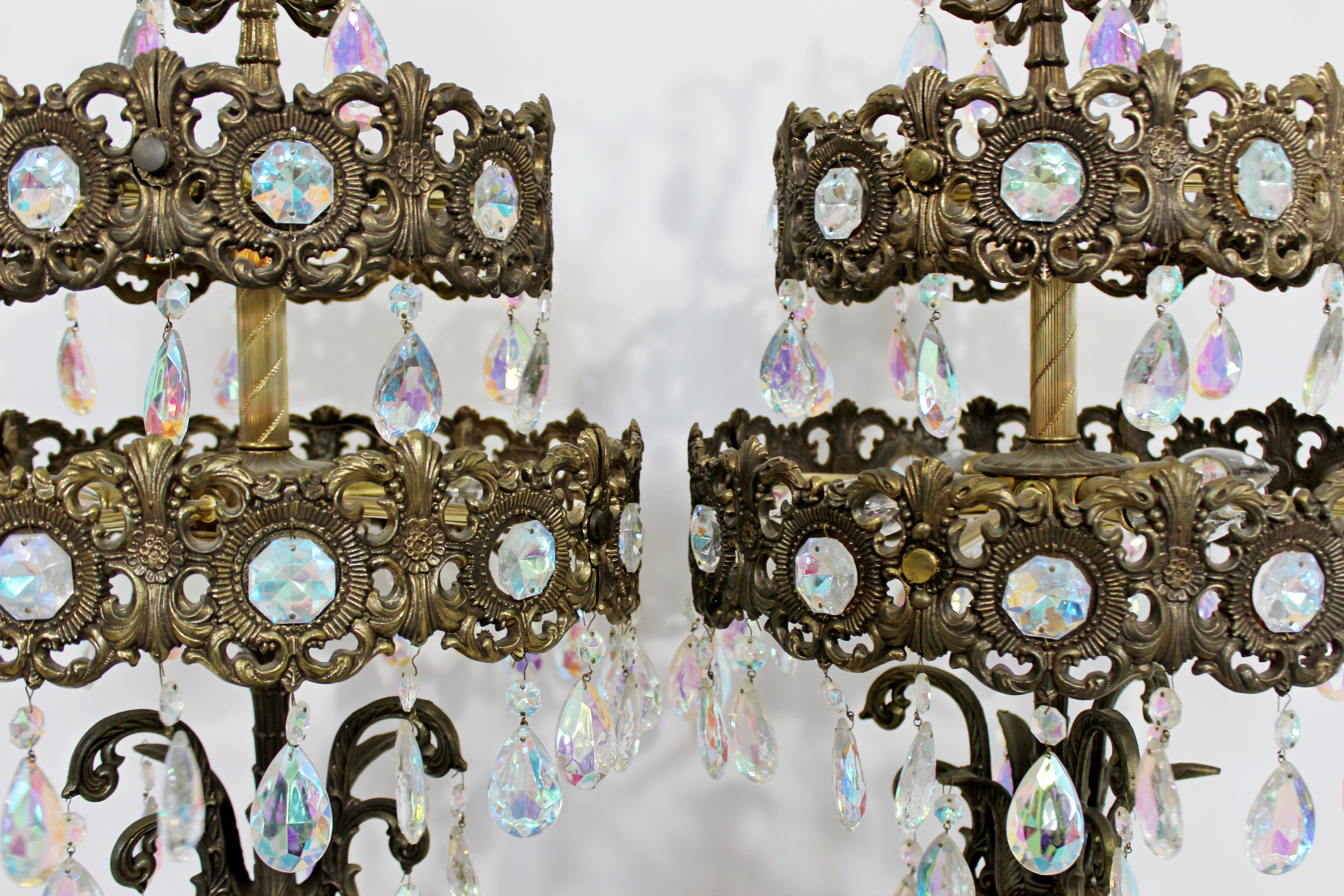 20th Century Pair of Hollywood Regency Italian Iridescent Prism Tiered Metal Table Lamps