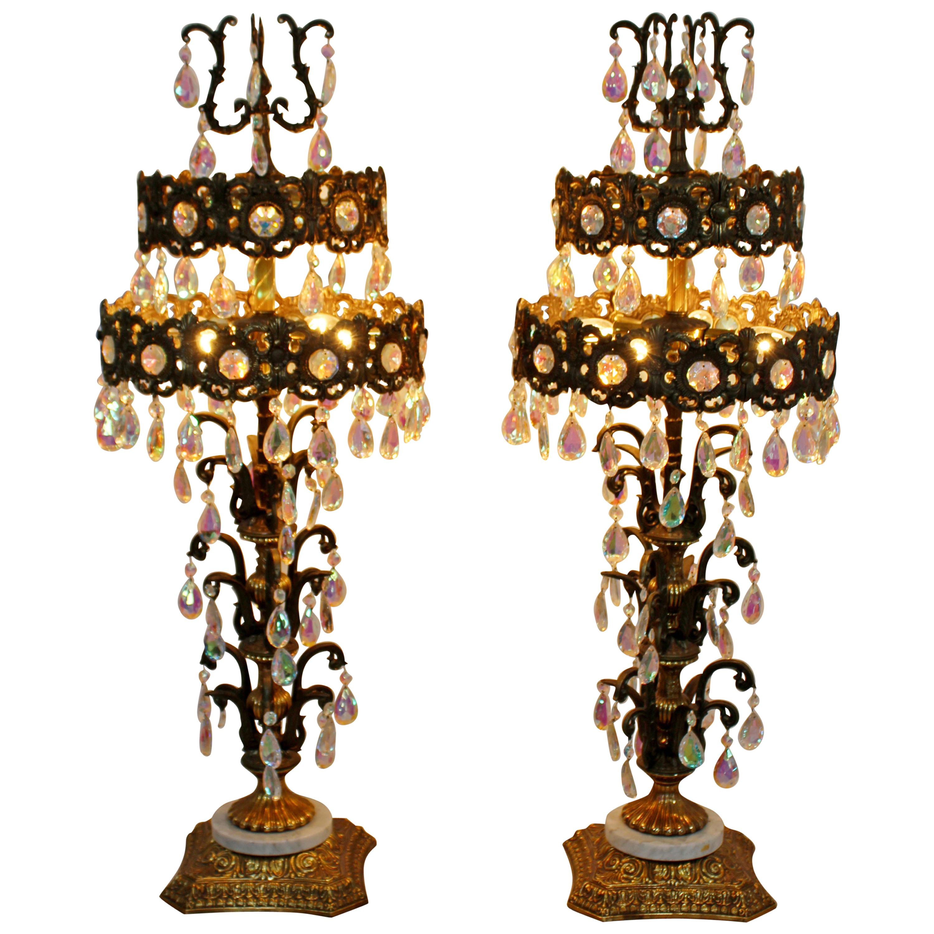 Pair of Hollywood Regency Italian Iridescent Prism Tiered Metal Table Lamps