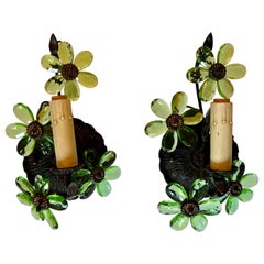 Pair of Hollywood Regency Italian Metal and Glass Flower Sconces