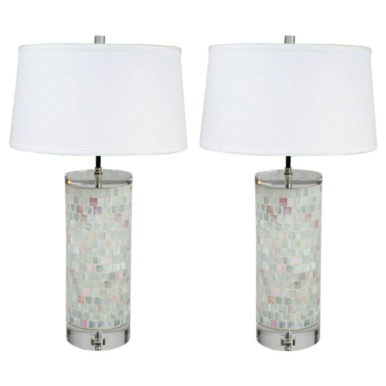 Pair of Hollywood Regency Italian Murano Glass Mosaic and Lucite Table Lamps