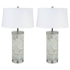 Retro Pair of Hollywood Regency Italian Murano Glass Mosaic and Lucite Table Lamps