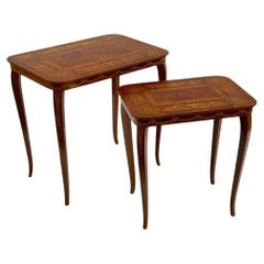 Vintage Pair of Hollywood Regency Italian Nesting Tables in Walnut & Wood Marquetry