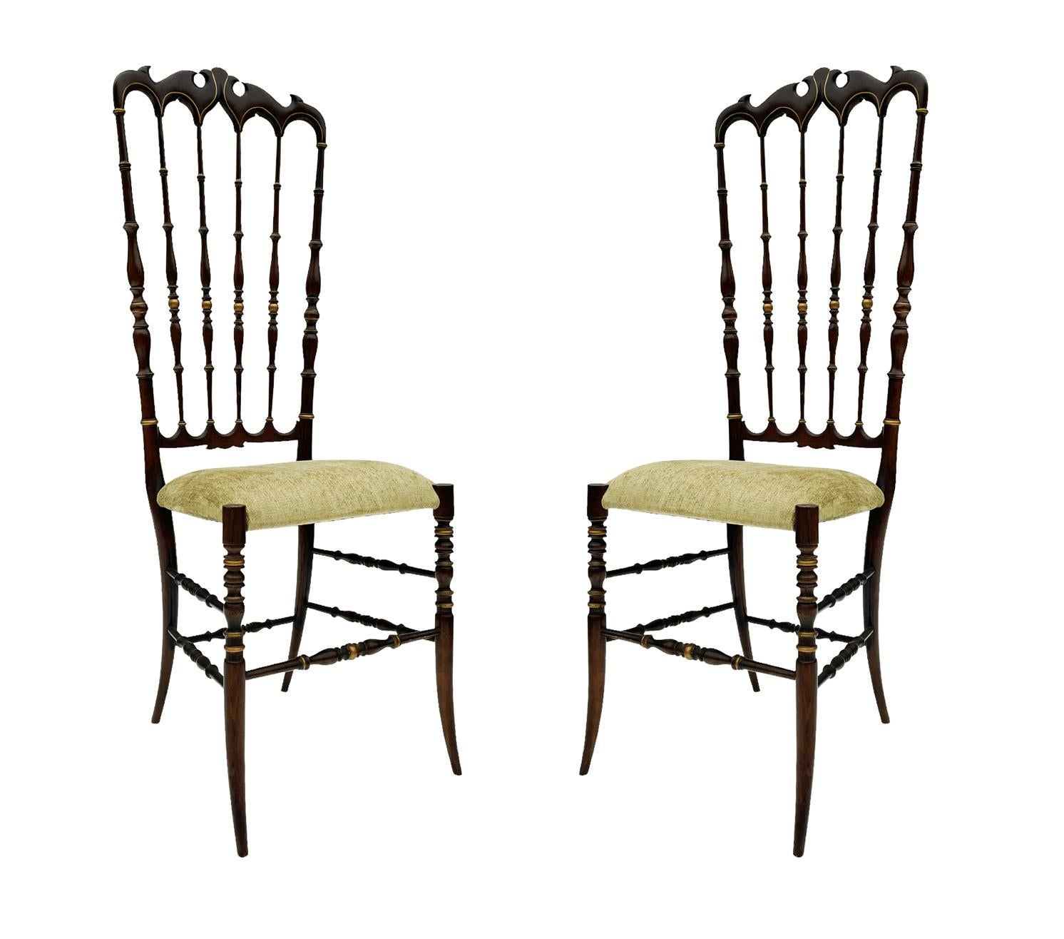 Pair of Hollywood Regency Italian Walnut Chiavari Chairs with Tall Ladder Backs  For Sale 5