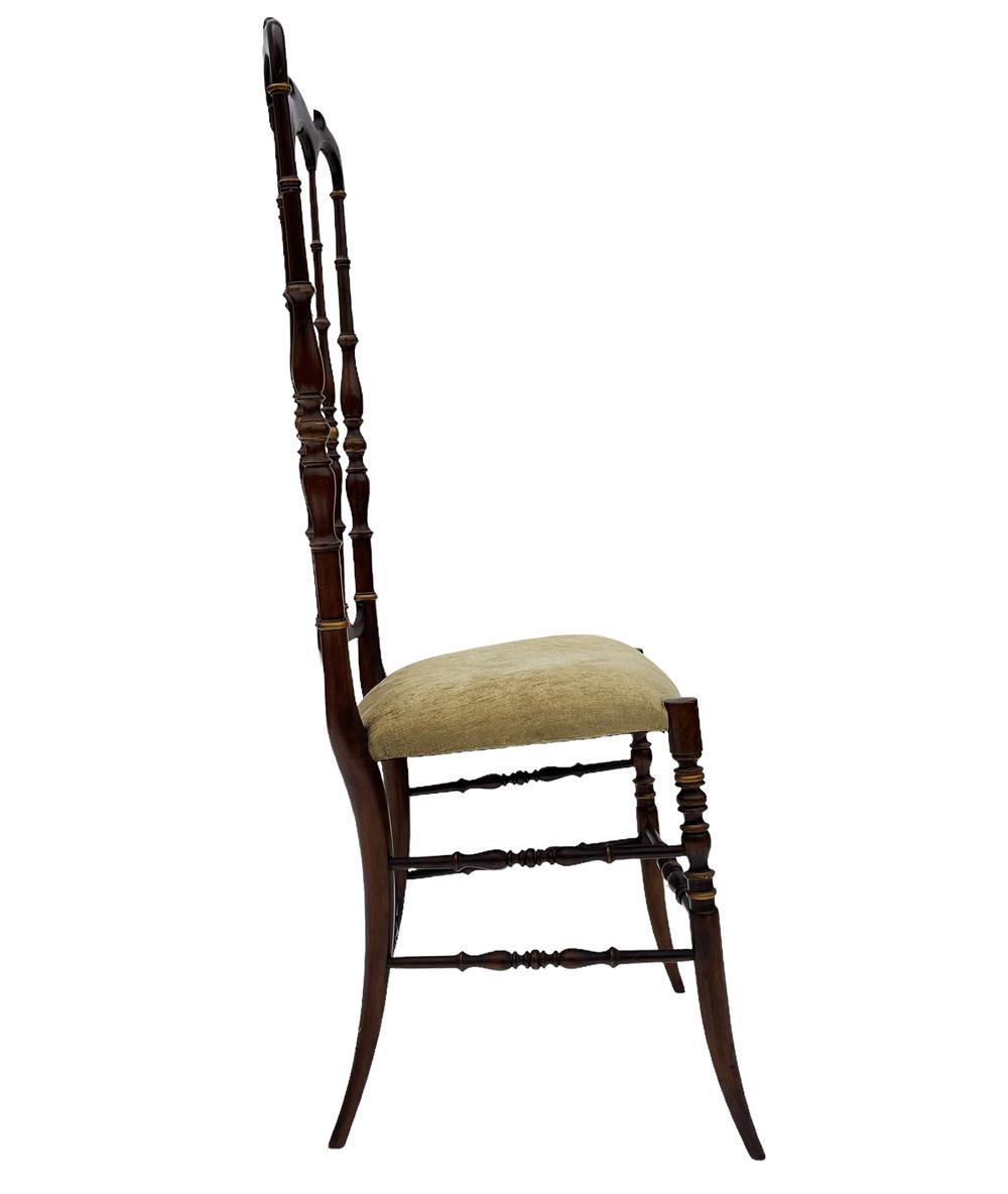 Fabric Pair of Hollywood Regency Italian Walnut Chiavari Chairs with Tall Ladder Backs  For Sale