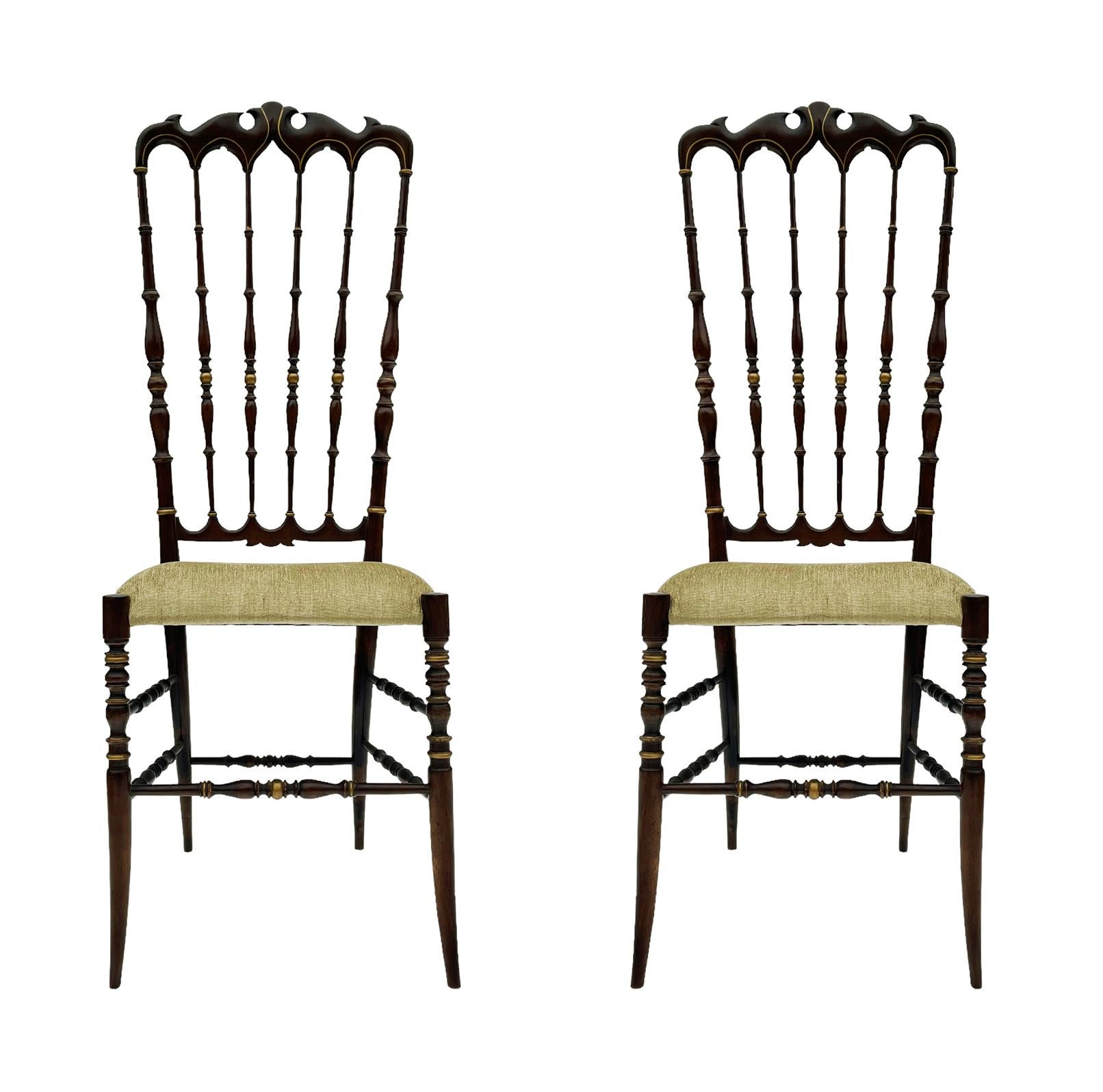 Pair of Hollywood Regency Italian Walnut Chiavari Chairs with Tall Ladder Backs  For Sale 1