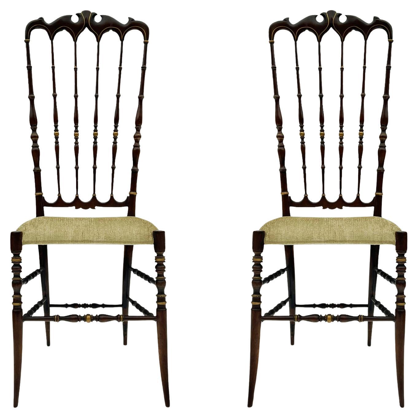 Pair of Hollywood Regency Italian Walnut Chiavari Chairs with Tall Ladder Backs  For Sale