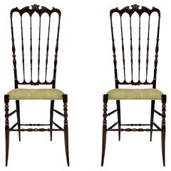 Pair of Hollywood Regency Italian Walnut Chiavari Chairs with Tall Ladder Backs