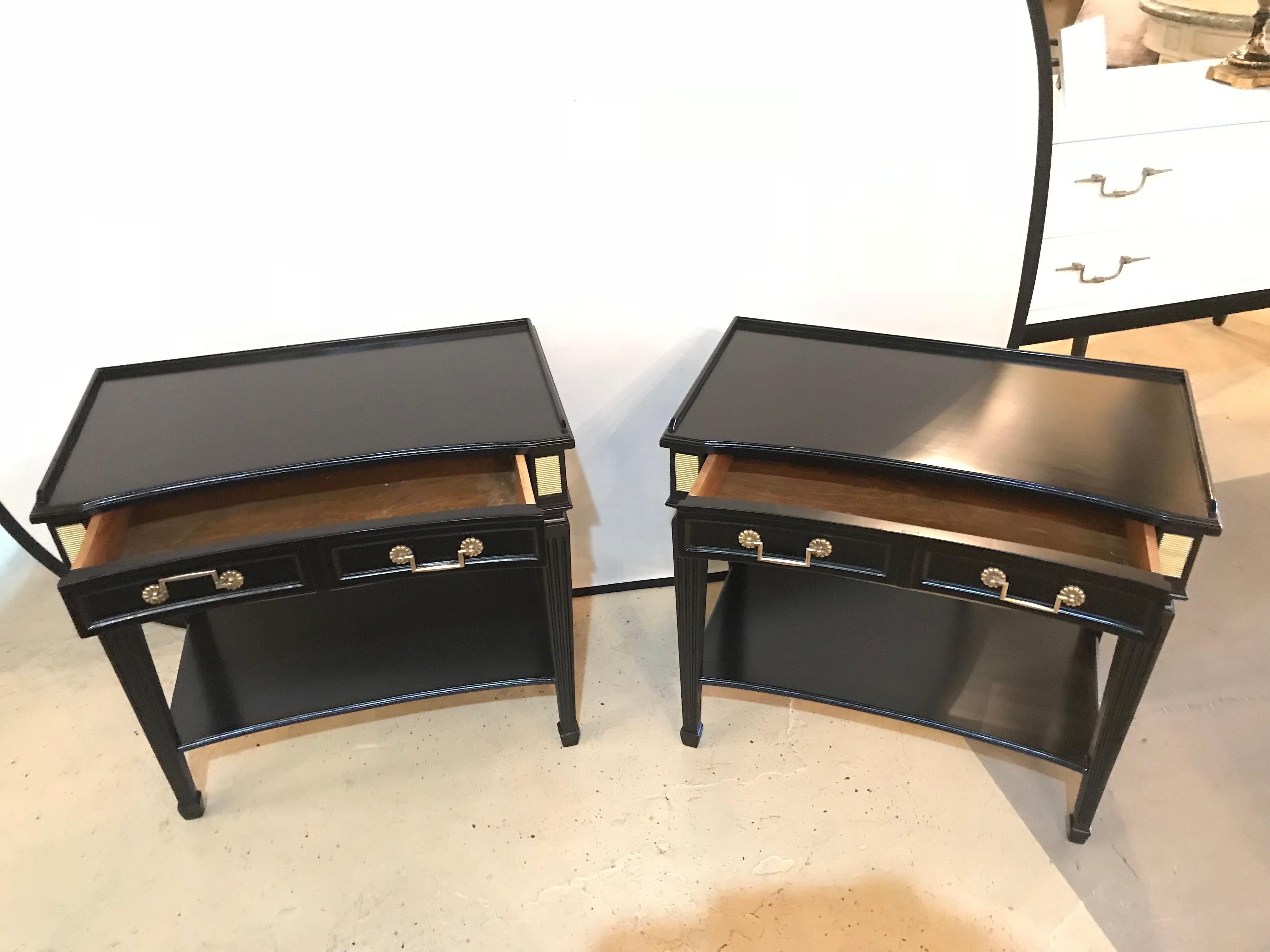 Pair of Hollywood Regency Jansen Style Ebony 1 Drawer End Tables/Bedside Stands In Good Condition In Stamford, CT