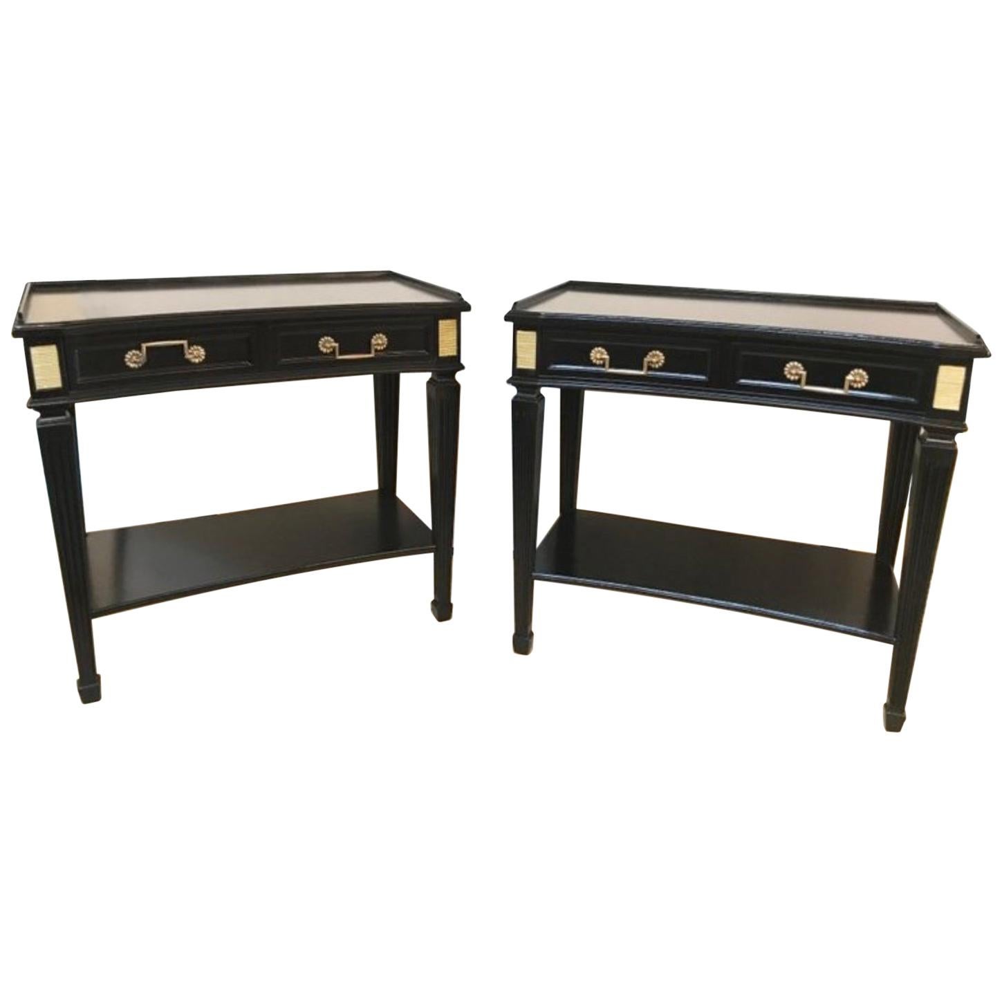 Pair of Hollywood Regency Jansen Style Ebony 1 Drawer End Tables/Bedside Stands