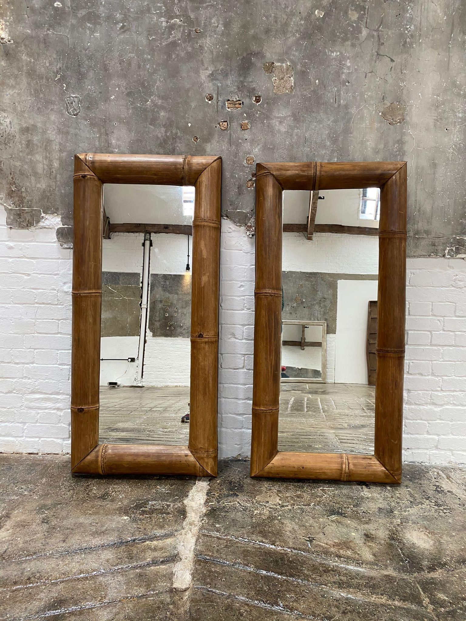 A real wow! pair of jumbo bamboo mirrors. A bold pair that really make a statement. The natural bamboo gives a textural quality that is an excellent foil to other textures and sculptural notes in a room.
