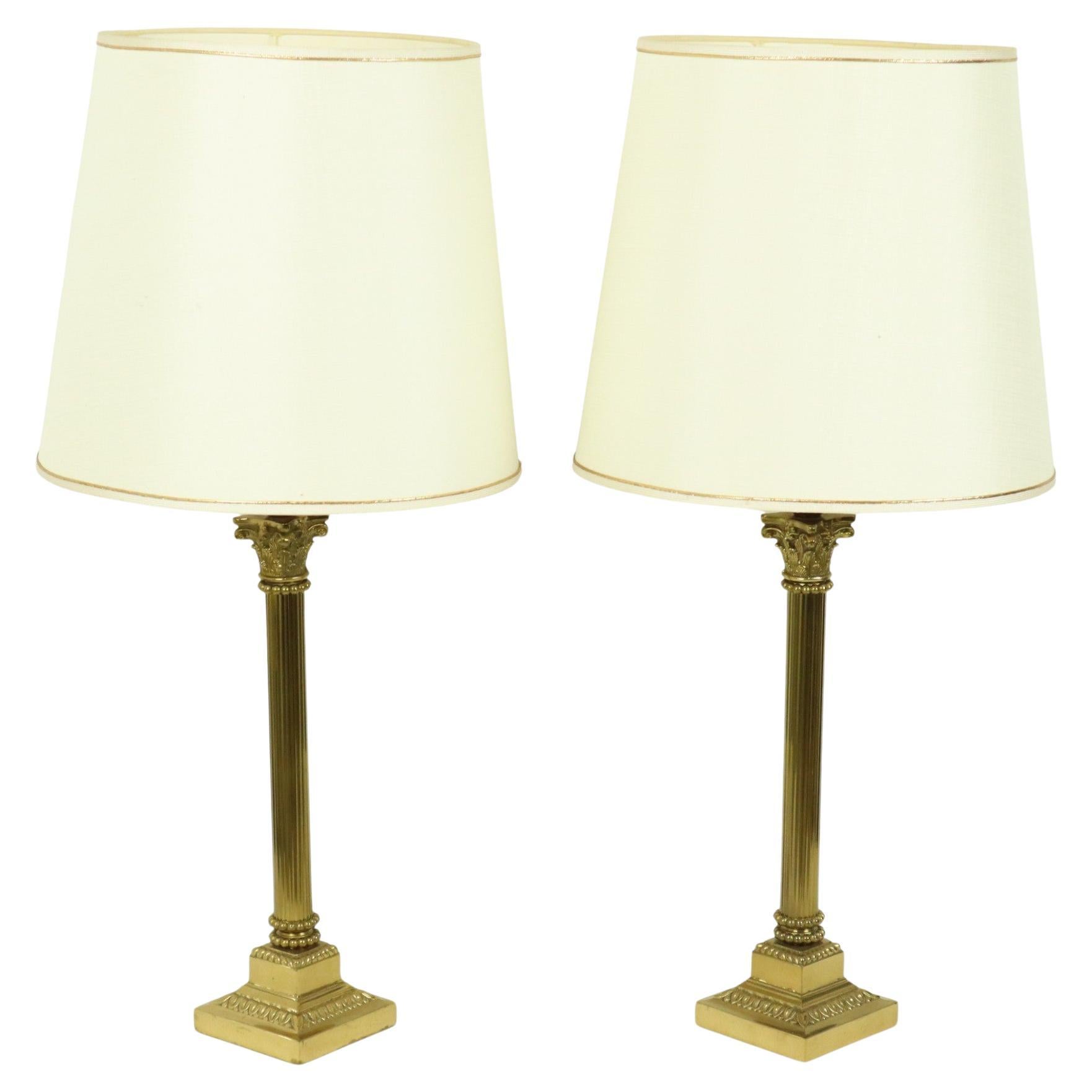Pair of Hollywood Regency Lamps Brass Pillar Column 75cm For Sale