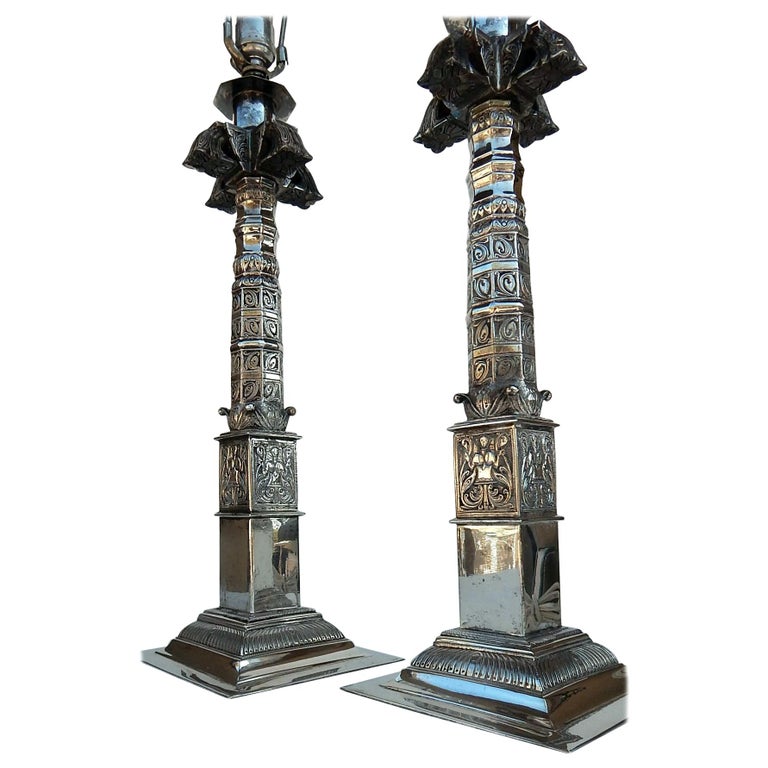Pair of Hollywood Regency Lamps Heavily Silver Plated For Sale