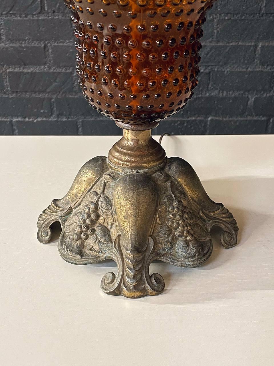 Pair of Hollywood Regency Lamps w/ Hobnail Amber Glass 4
