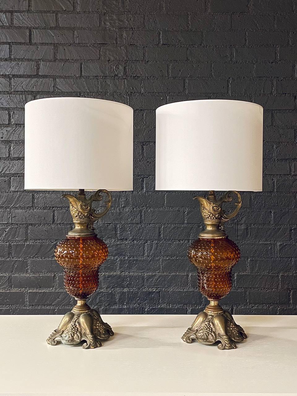 American Pair of Hollywood Regency Lamps w/ Hobnail Amber Glass