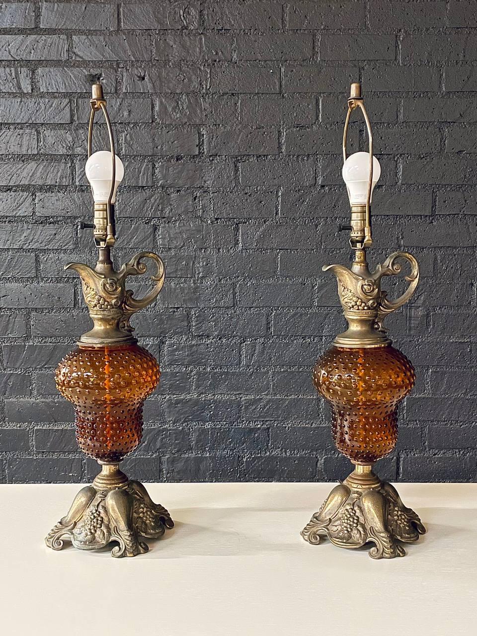 Pair of Hollywood Regency Lamps w/ Hobnail Amber Glass In Good Condition In Los Angeles, CA