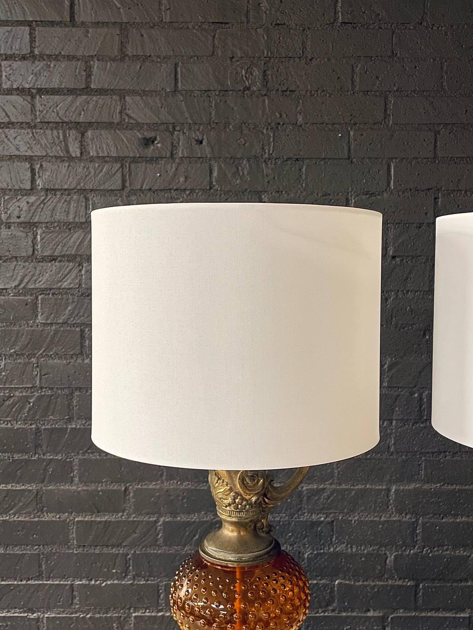 Brass Pair of Hollywood Regency Lamps w/ Hobnail Amber Glass