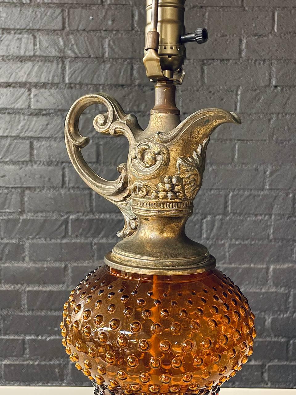 Pair of Hollywood Regency Lamps w/ Hobnail Amber Glass 2