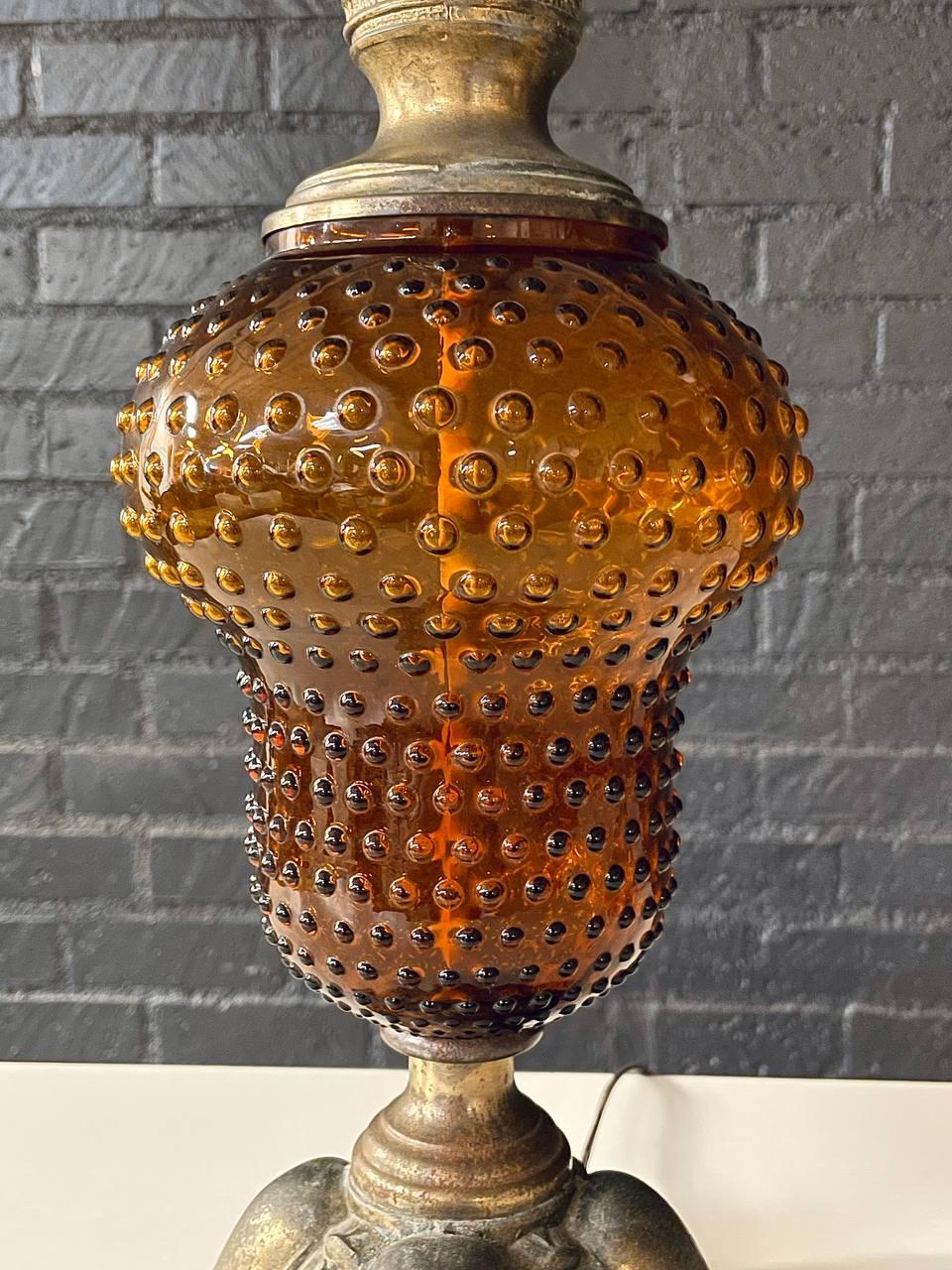 Pair of Hollywood Regency Lamps w/ Hobnail Amber Glass 3