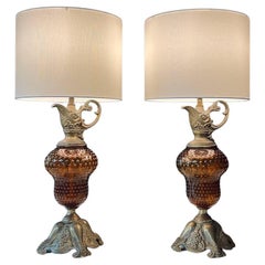 Pair of Hollywood Regency Lamps w/ Hobnail Amber Glass