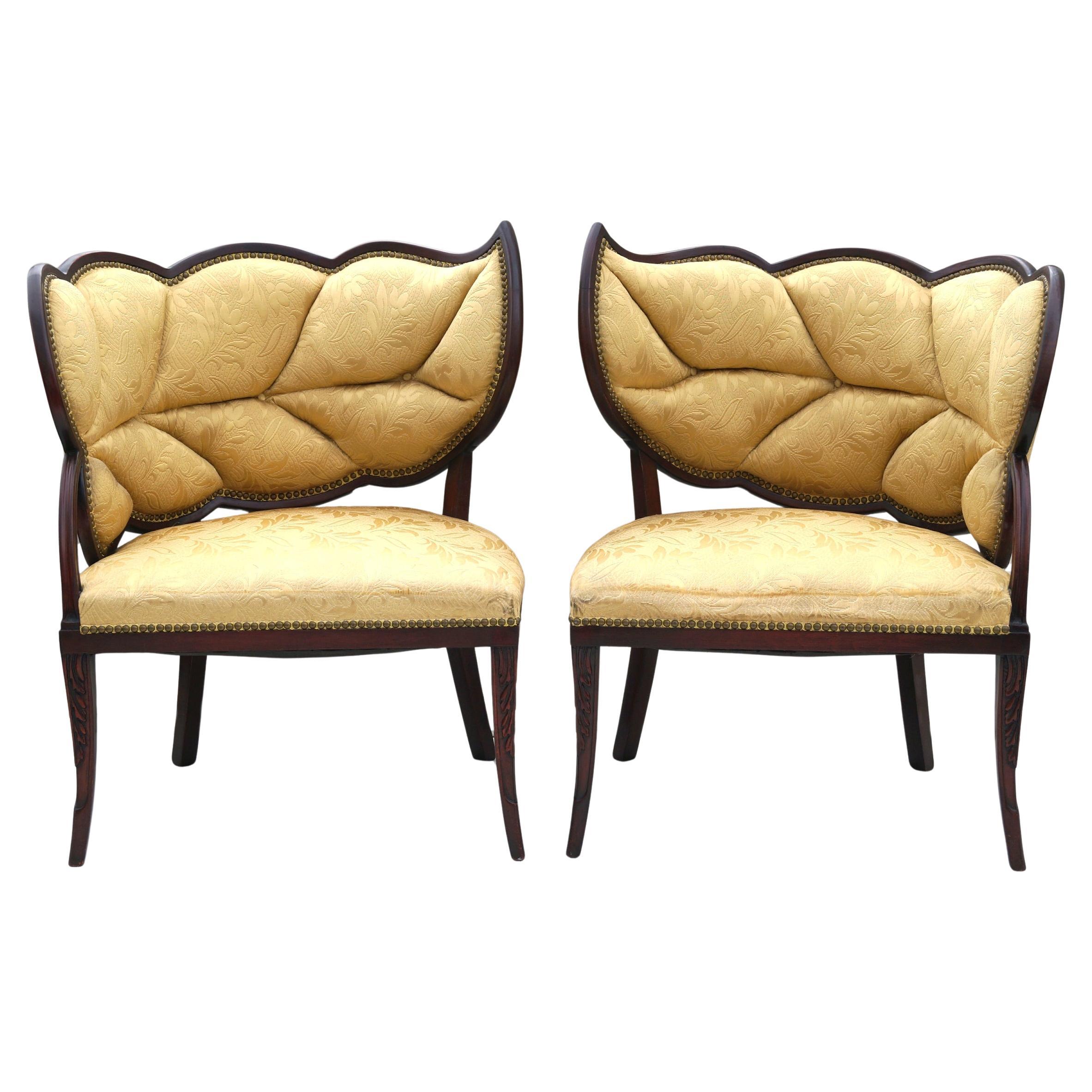 Pair Of Hollywood Regency Leaf Back Lounge Side Chairs Maison Jansen 1930
s For Sale