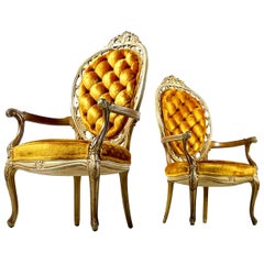 Pair of Hollywood Regency Louis XV Style Gold Velvet Deep Tufted Armchairs