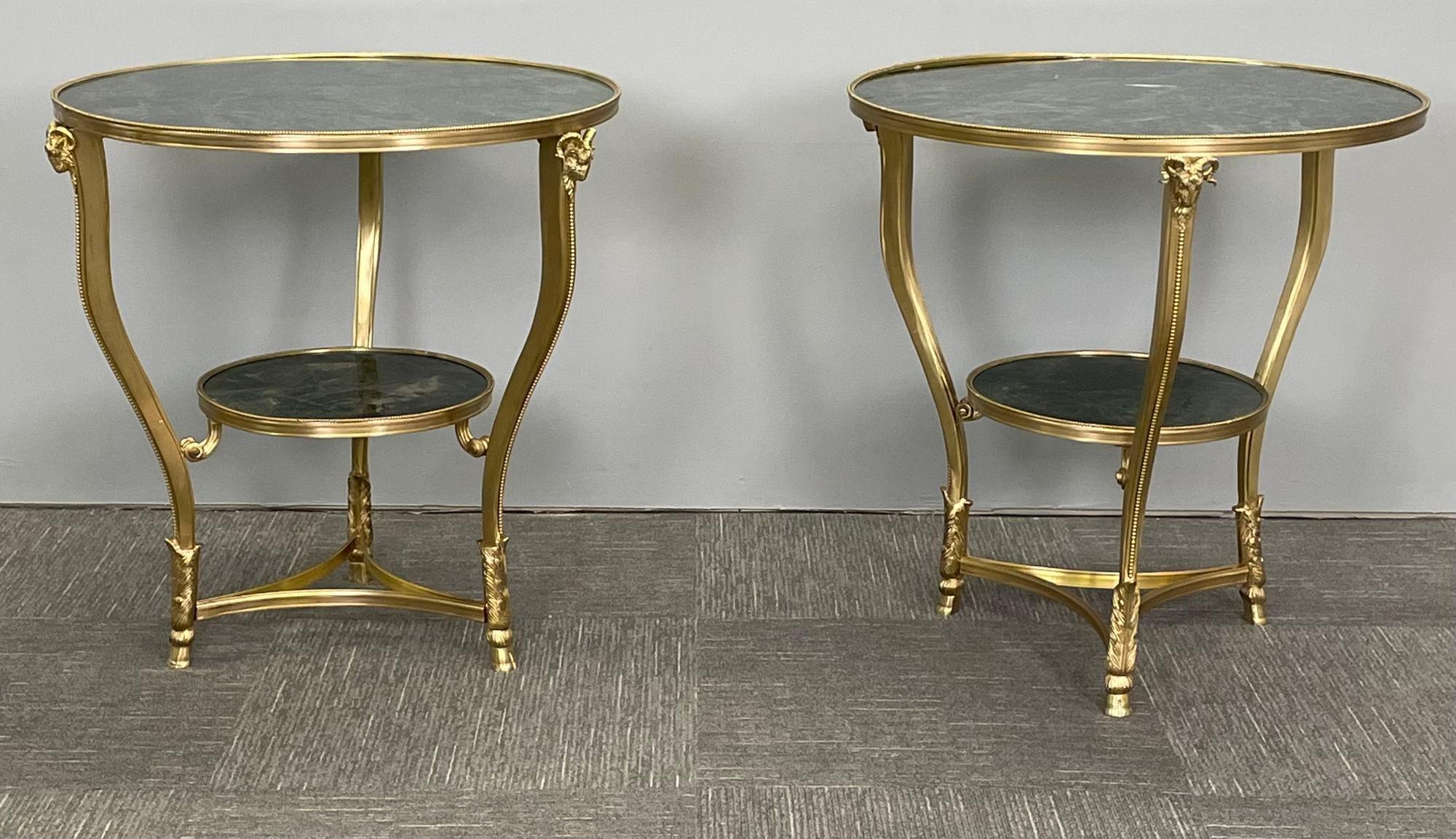 Pair of Hollywood Regency Louis XVI Style Malachite Style Gueridons, Rams Head
 
A most elegant and high quality French 19th/20th century Louis XVI style ormolu and malachite style marble top Guéridons or side tables. The circular table is raised