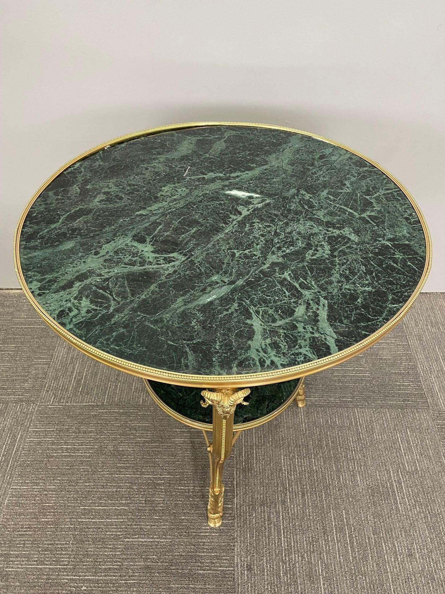 Pair of Hollywood Regency Louis XVI Style Malachite Style Gueridons, Rams Head In Good Condition For Sale In Stamford, CT