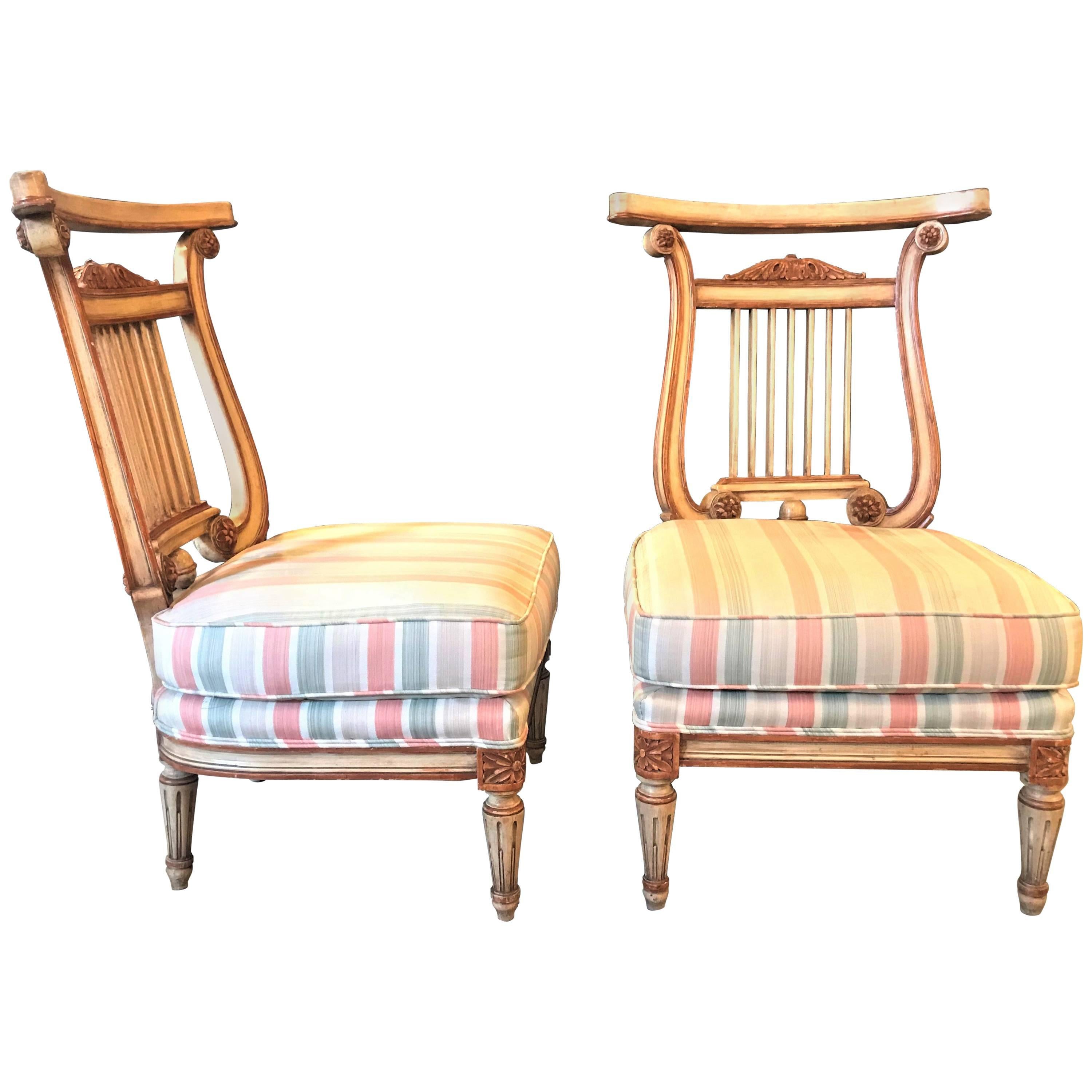 Pair of Hollywood Regency Low French Lyre Back Side Chairs in Manner of Jansen