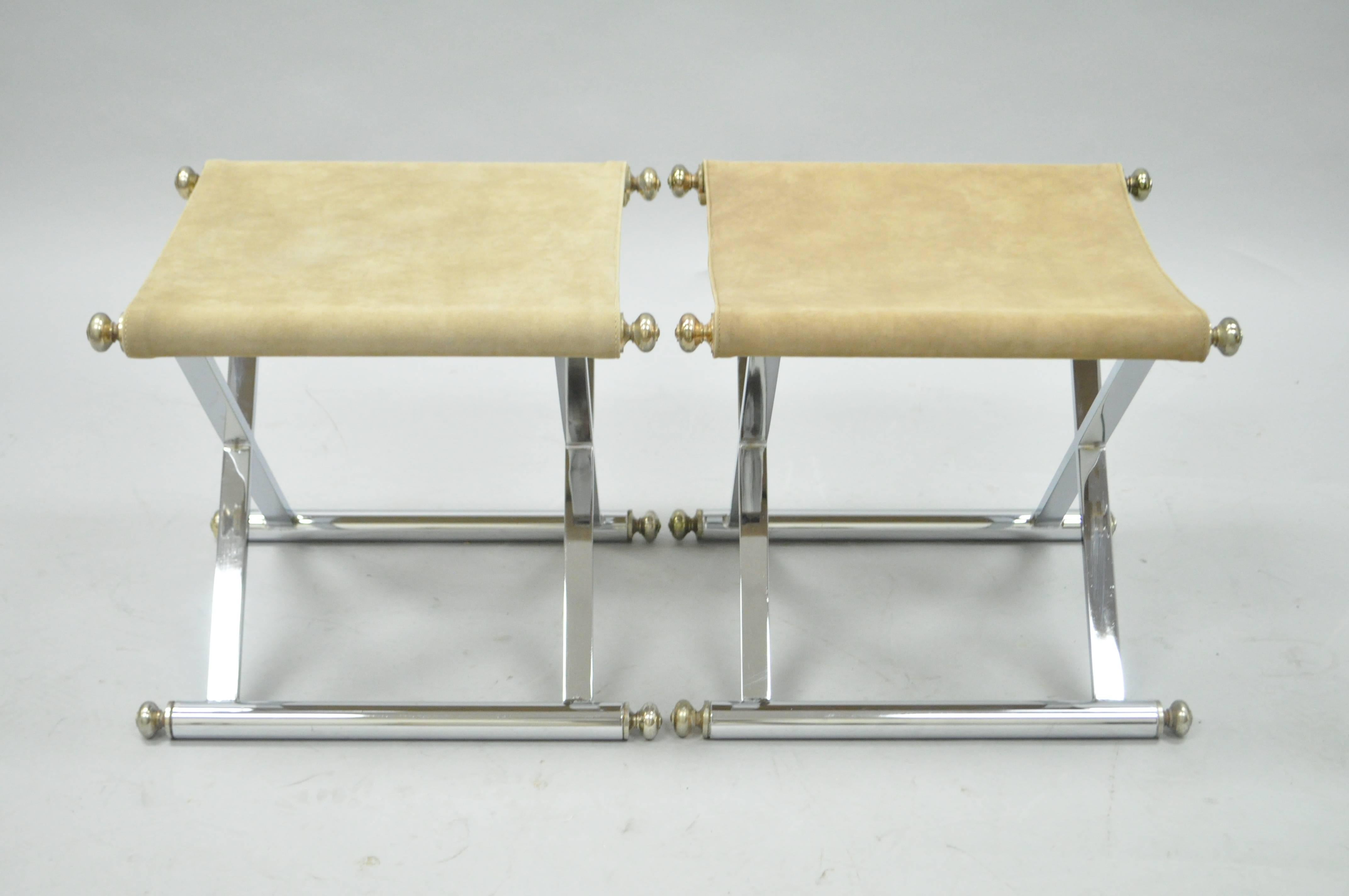 Mid-Century Modern Pair of Hollywood Regency Maison Jansen Style X-Frame Chrome and Brass Stools